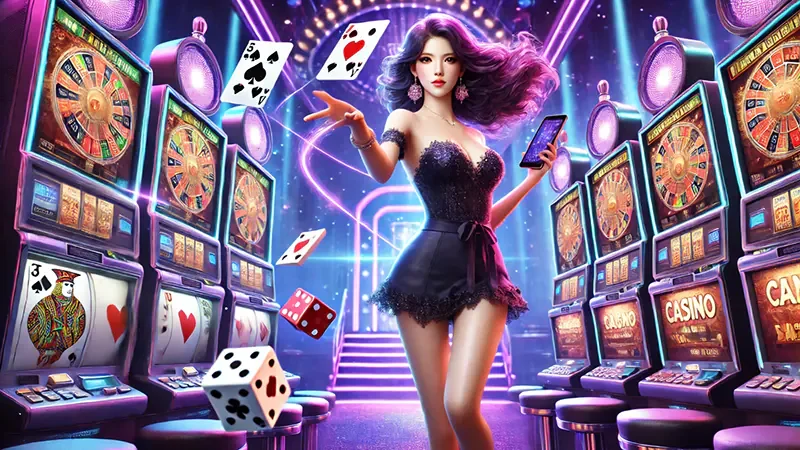 หน้าจอเกมสล็อตสีสันสดใสพร้อมวงล้อและสัญลักษณ์เกม